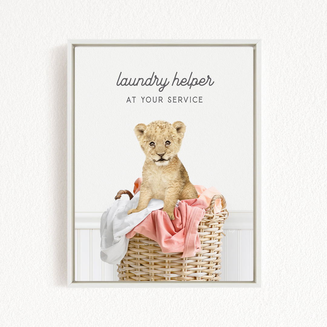 A young lion cub sitting in a wicker laundry basket, with the text "laundry helper at your service" displayed above the image.