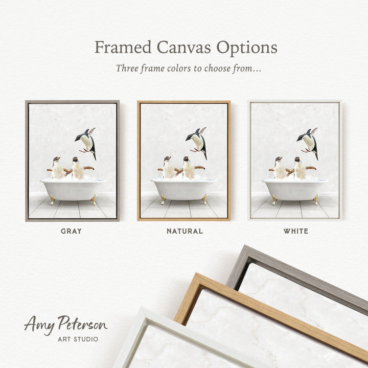 three framed canvas options, each featuring a different color: gray, natural, and white. The text above the images reads " Framed Canvas Options" and "Three frame colors to choose from...". The bottom of the image includes the text " Amy Peterson ART STUDIO".
