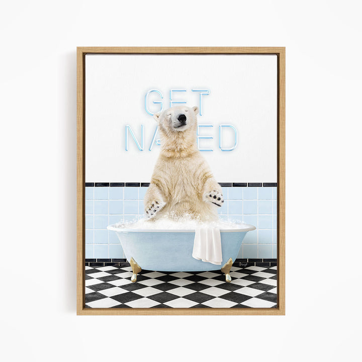 A polar bear sitting in a bathtub with a towel, surrounded by a checkered floor and a sign that says "GET NAKED".