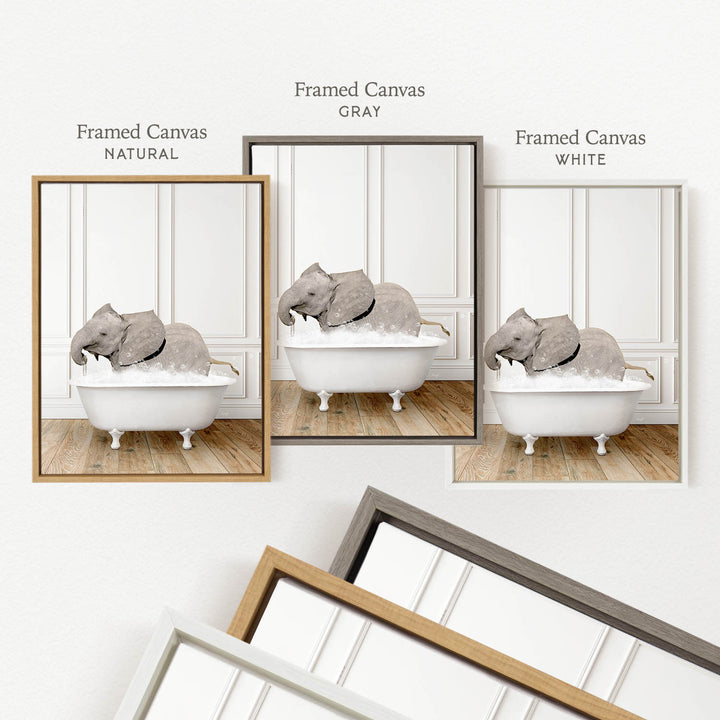 three framed pictures of elephants sitting in bathtubs, each with a different color frame.