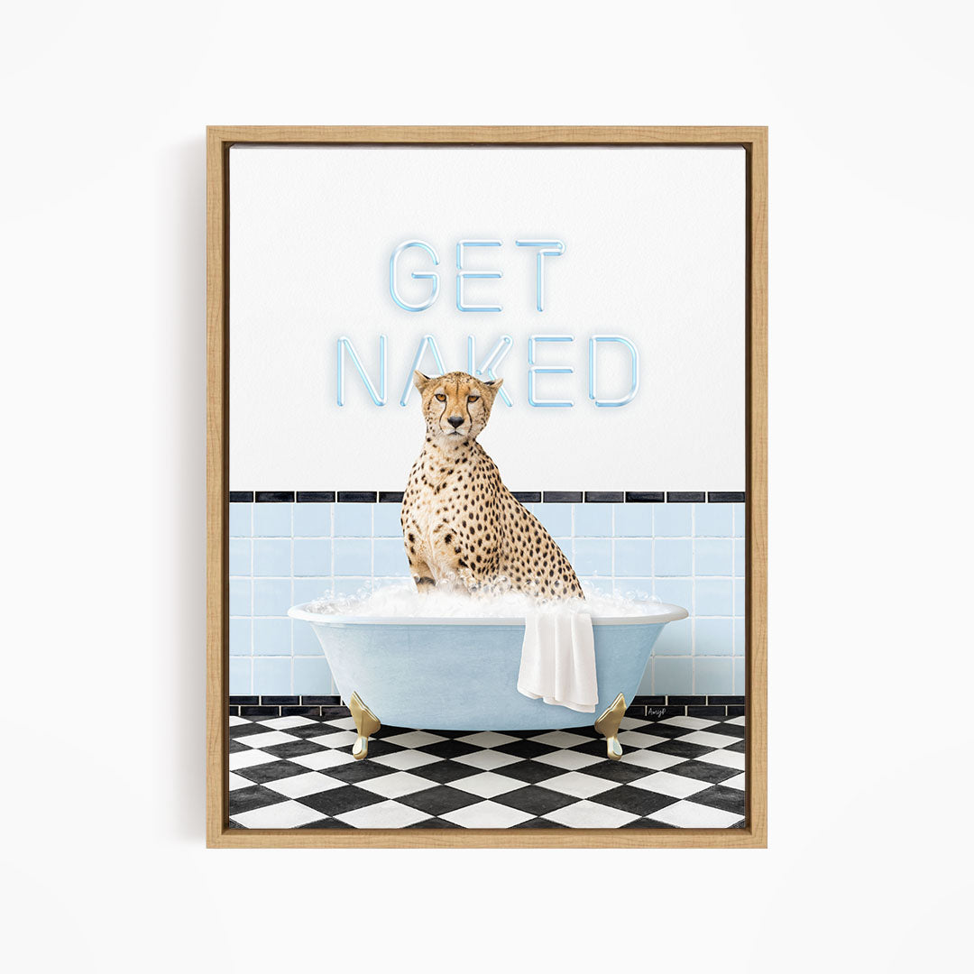A cheetah sitting in a bathtub with the text "GET NAKED" displayed above it.