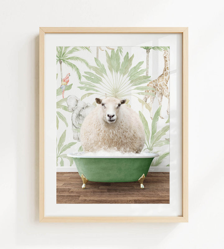 A sheep is sitting in a green bathtub, surrounded by a tropical wallpaper with palm trees and other animals.
