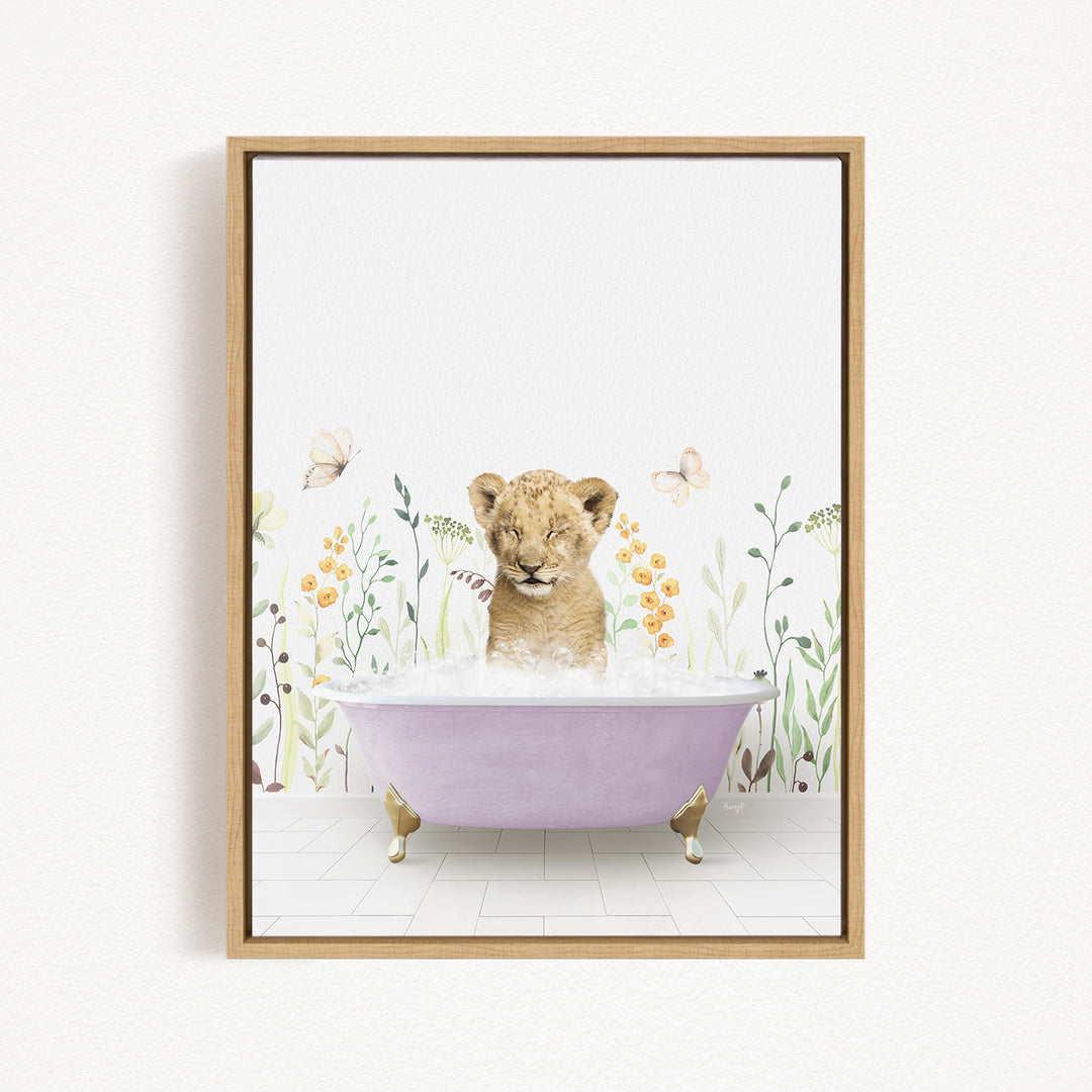 A young lion cub sitting in a purple bathtub filled with bubbles, surrounded by flowers and butterflies.