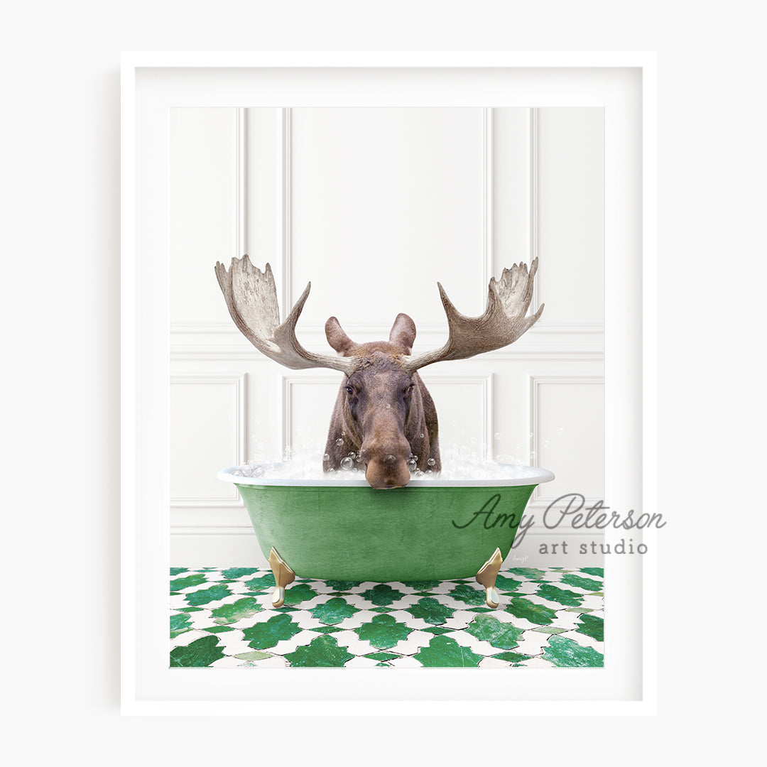 a moose in a bathtub with antlers on his head