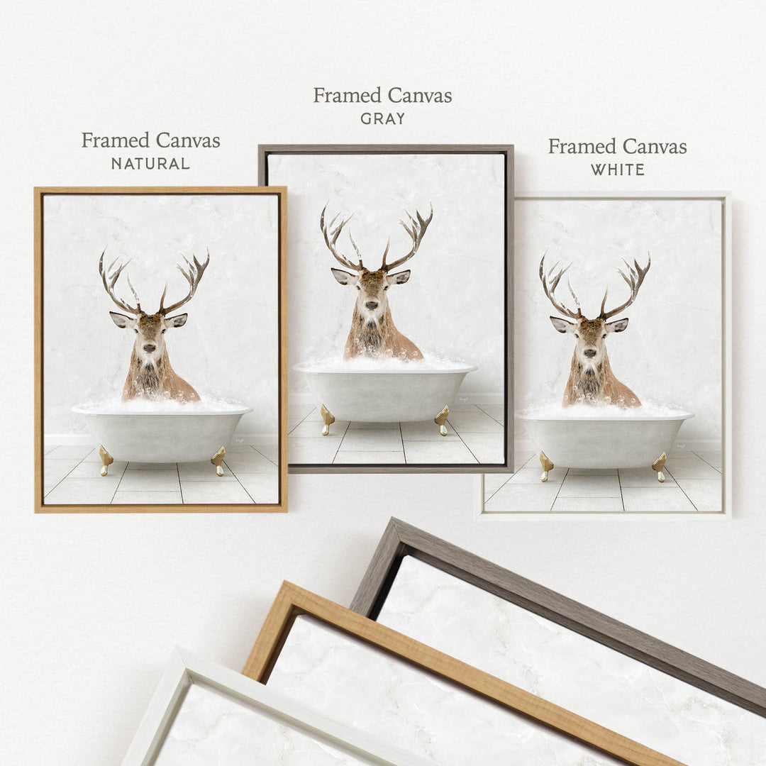 three framed pictures of a deer in a bathtub, each with a different color frame.
