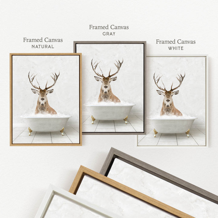 three framed pictures of a deer in a bathtub, each with a different color frame.