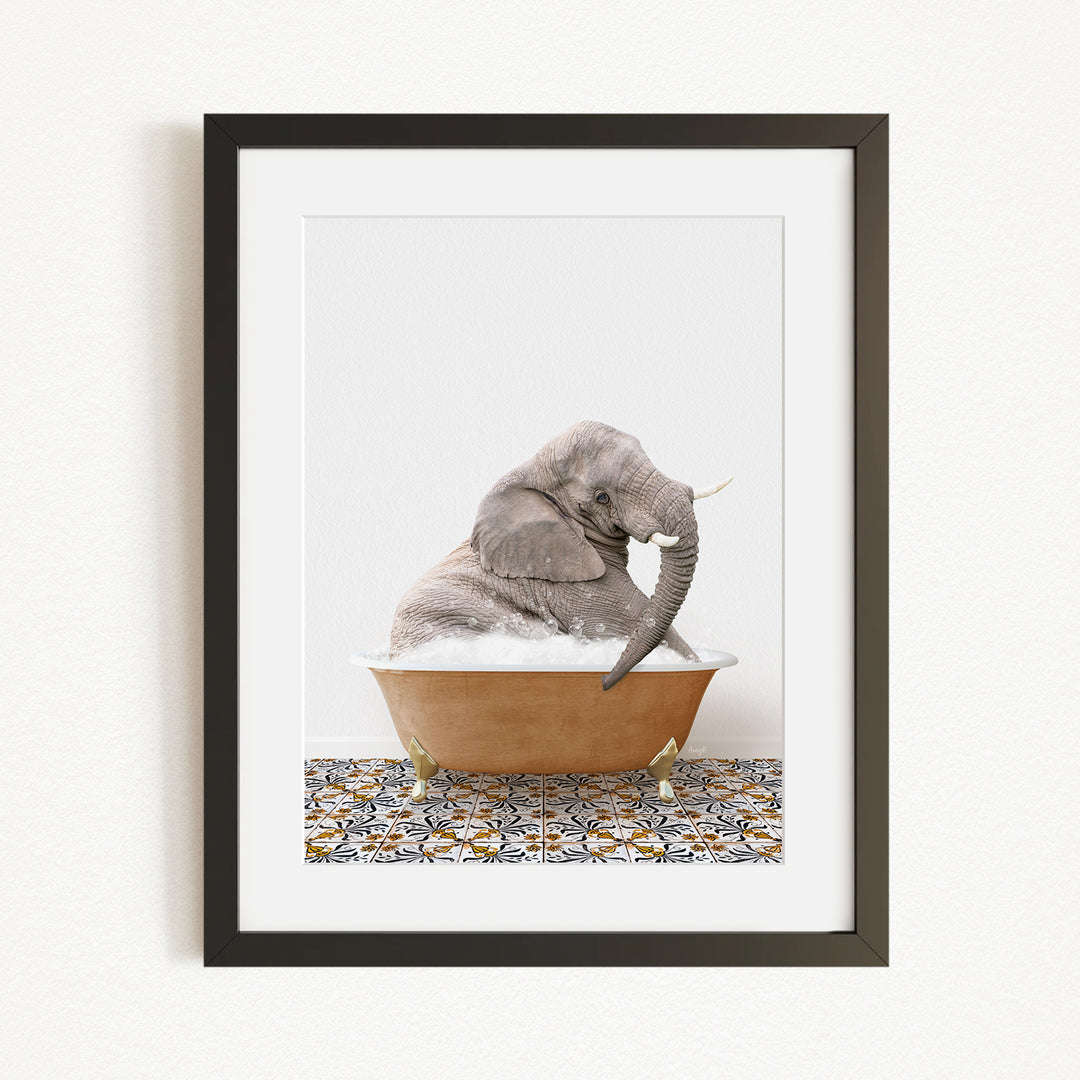 A gray elephant sitting in a brown bathtub filled with water, surrounded by a patterned tile floor.