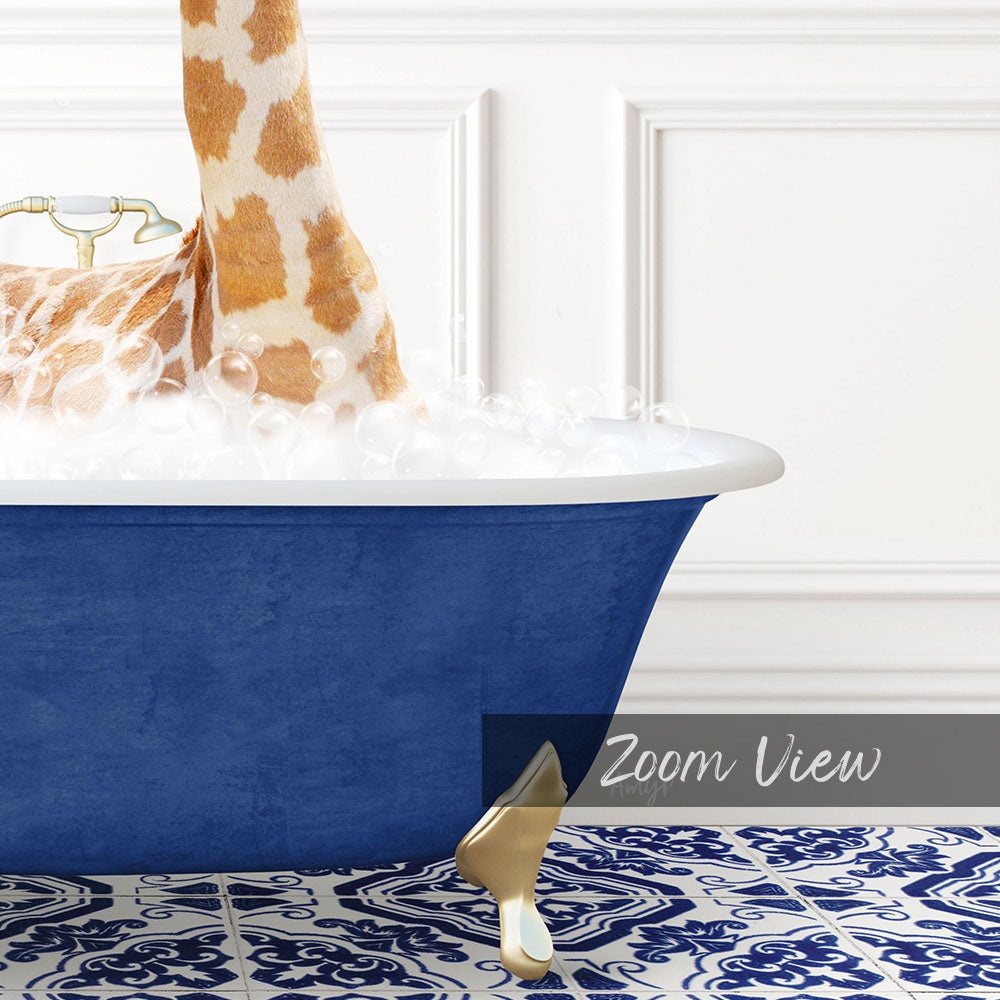 A giraffe standing in a blue bathtub filled with bubbles, with a white wall and patterned floor in the background.