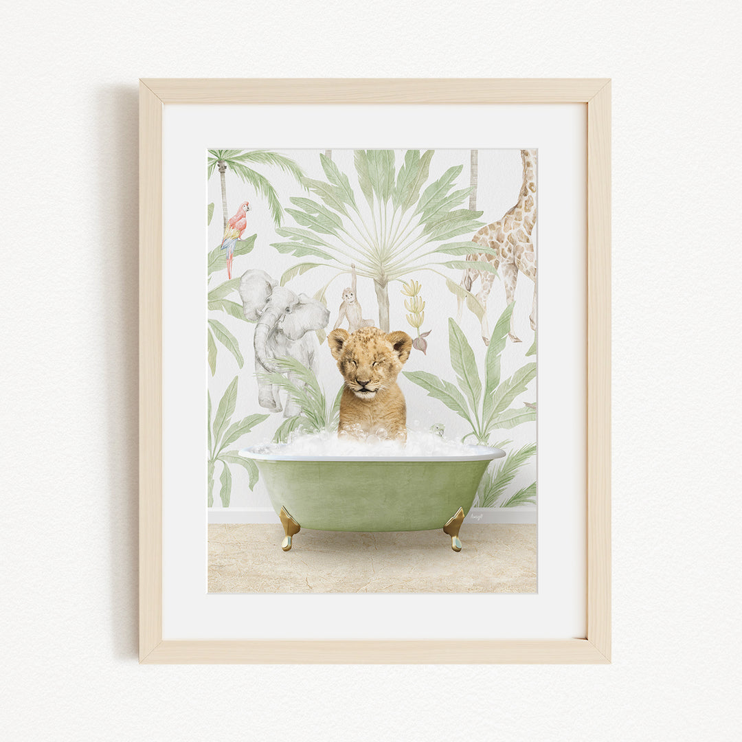 A young lion cub sitting in a green bathtub, surrounded by a tropical jungle scene with various animals, including a giraffe, elephant, and parrot.