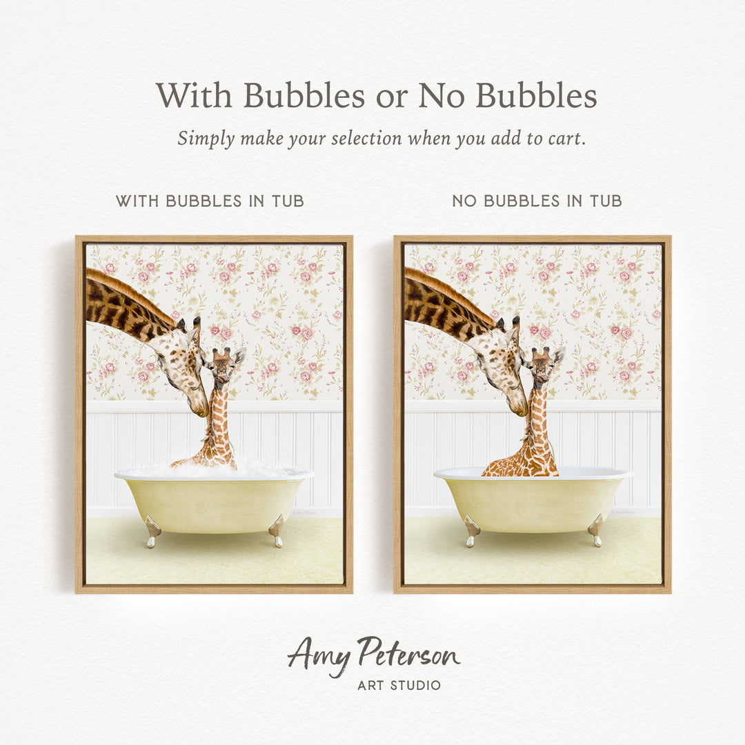 The image is a collage of two framed pictures depicting giraffes in a bathtub. The text above the images reads "With Bubbles or No Bubbles" and below the images, it says "Simply make your selection when you add to cart." The text at the bottom of the image says " Amy Peterson ART STUDIO."