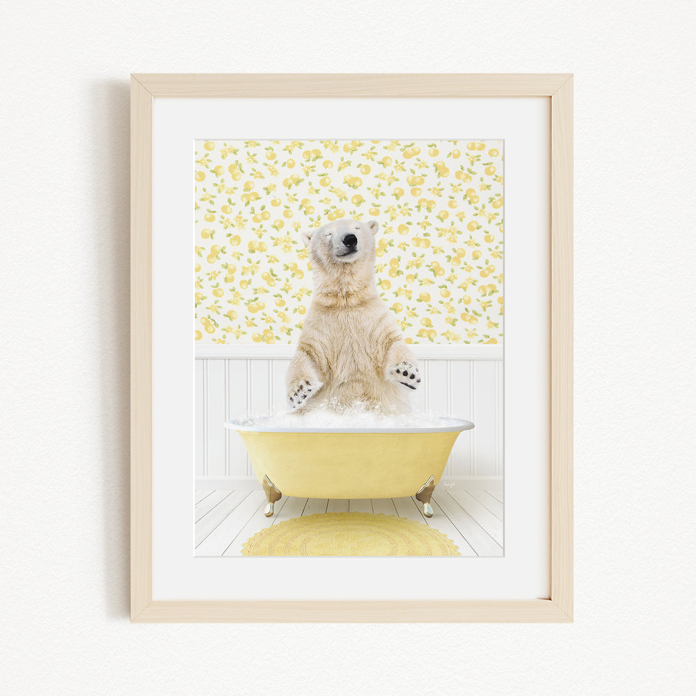 A polar bear sitting in a yellow bathtub filled with bubbles, surrounded by a yellow floral patterned wall.