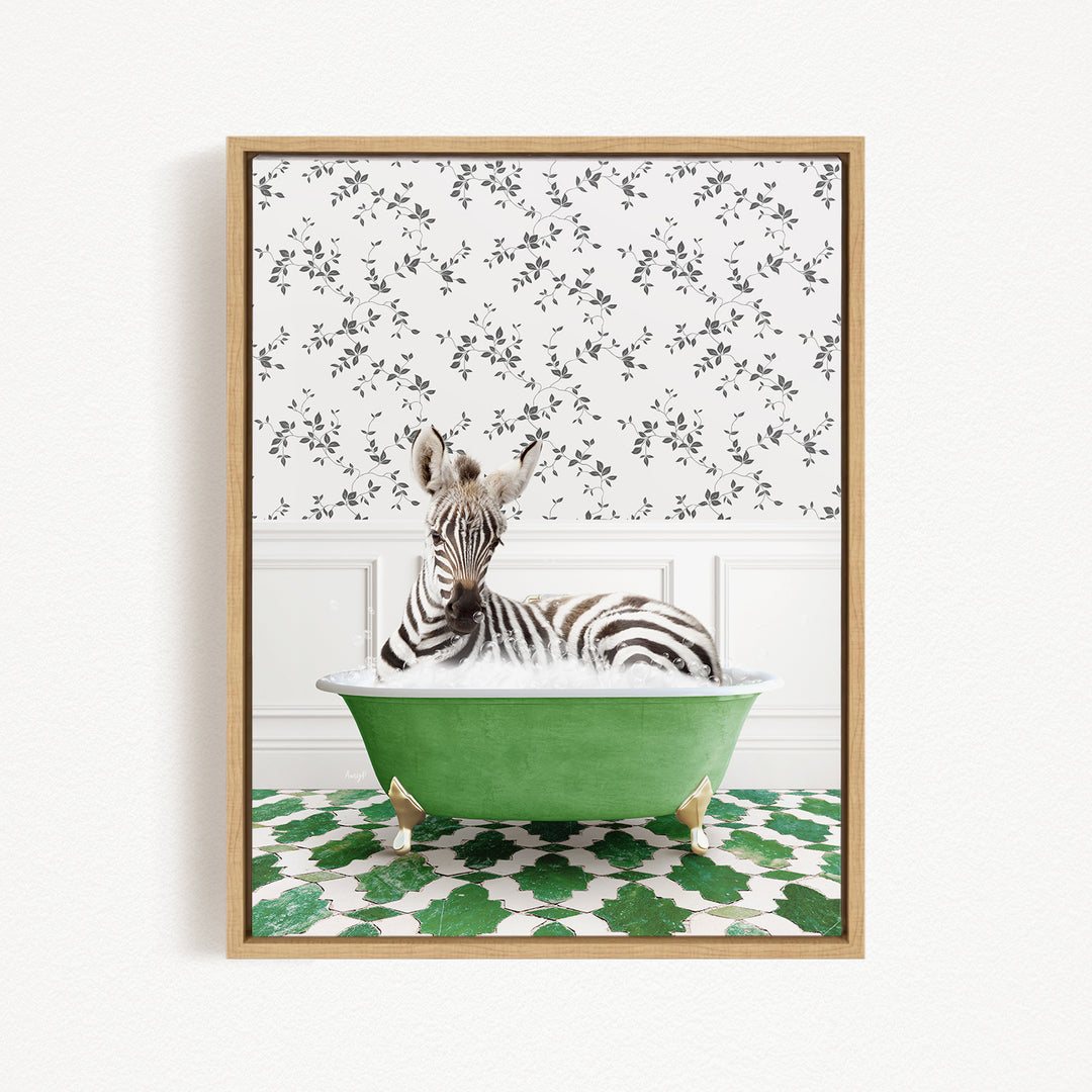 A zebra is sitting in a green bathtub, surrounded by a patterned wall and a green and white checkered floor.