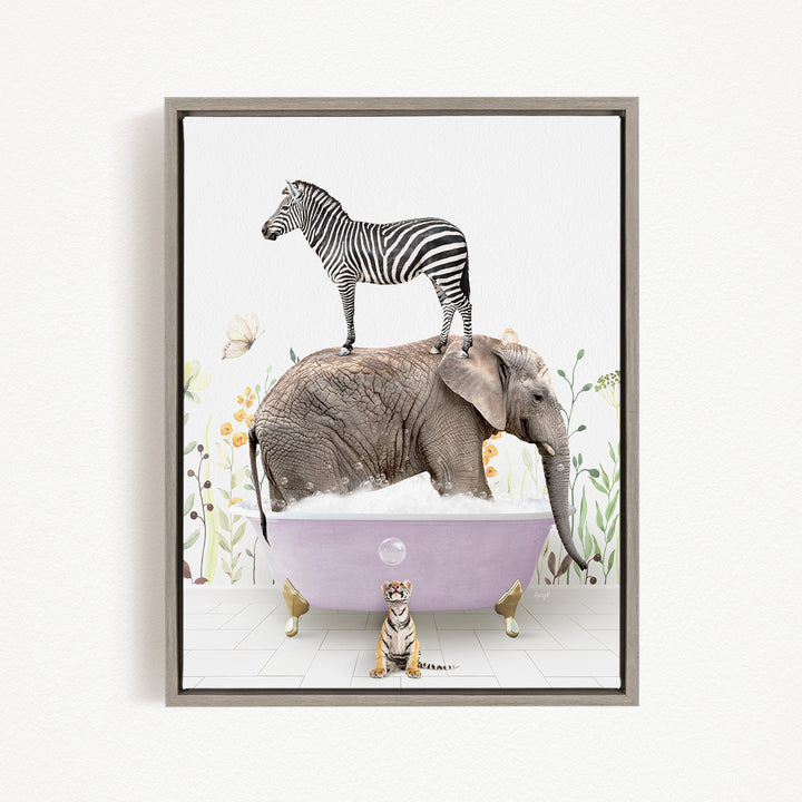 A zebra stands on the back of an elephant, which is submerged in a bathtub, with a tiger sitting on the edge of the tub.
