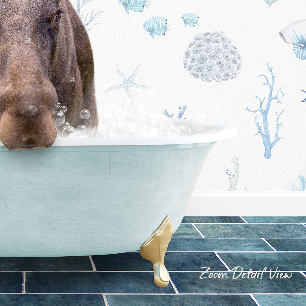 A dog is sitting in a bathtub filled with bubbles, surrounded by a blue and white ocean-themed wallpaper.