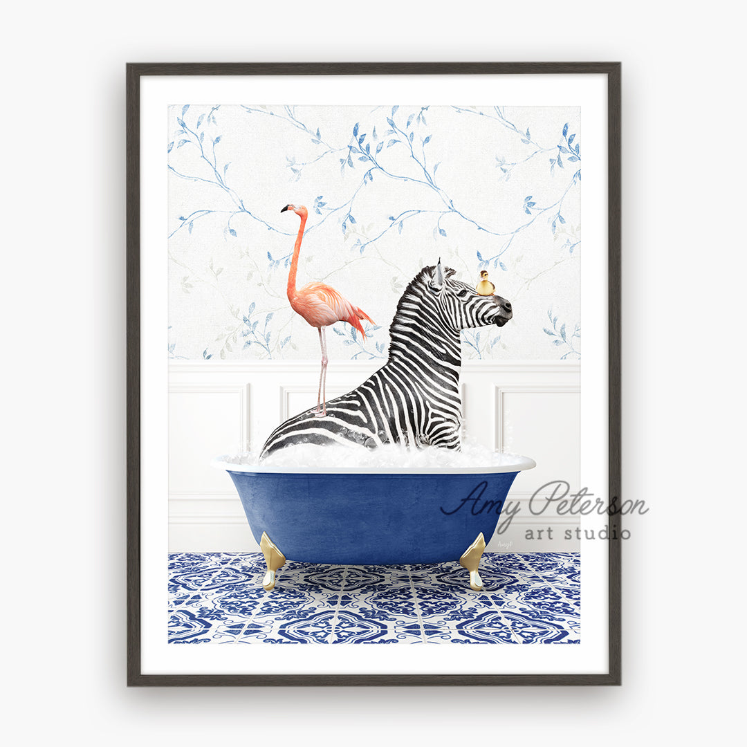 a picture of a zebra and a flamingo in a bathtub