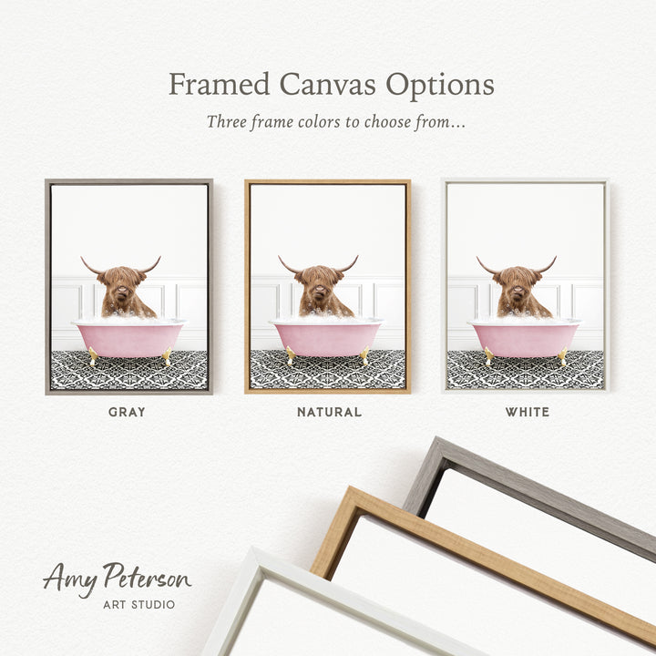 three framed canvas options featuring a brown cow sitting in a pink bathtub. The options include a gray, a natural, and a white frame.