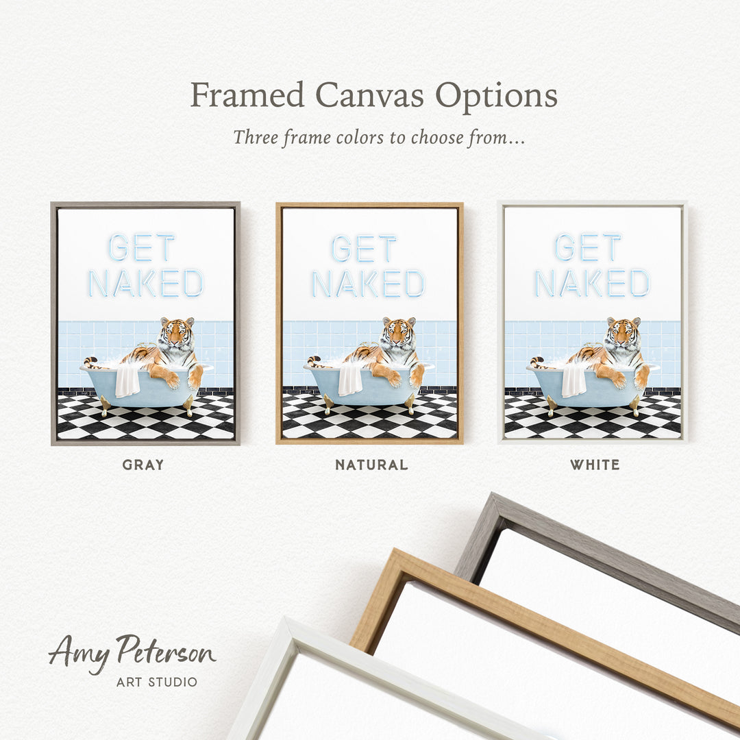 three framed canvas options, each featuring a different color and style of frame. The options include a gray frame, a natural frame, and a white frame. The text above the options reads " framed Canvas Options Three frame colors to choose from...".