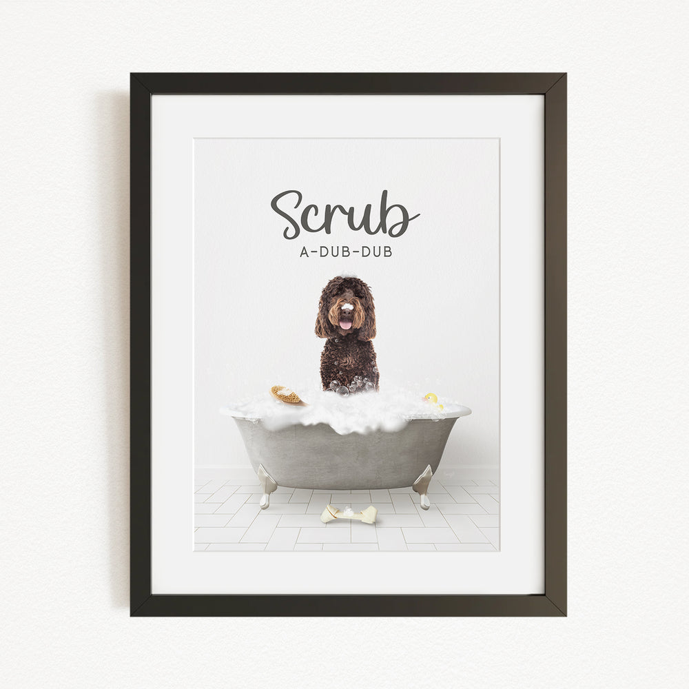 A dog sitting in a bathtub filled with bubbles, with the text "Scrub A-DUB-DUB" above it.