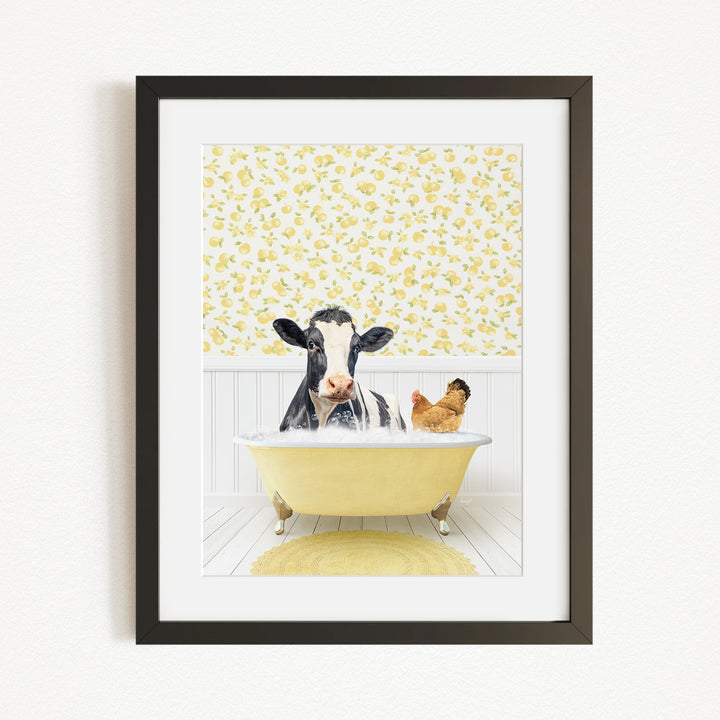 A black and white cow is sitting in a yellow bathtub, surrounded by a chicken and a yellow flower patterned wall.