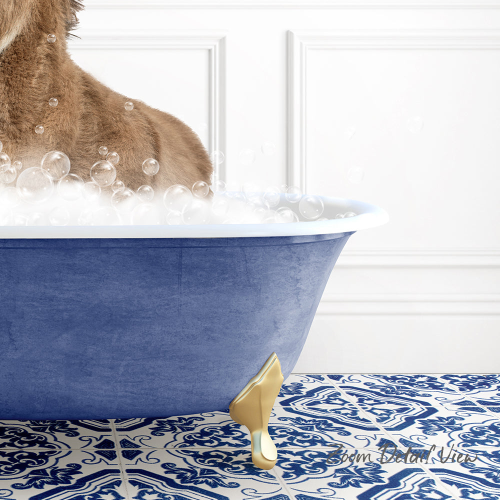 A dog is sitting in a blue bathtub filled with bubbles, with a patterned tile floor in the background.