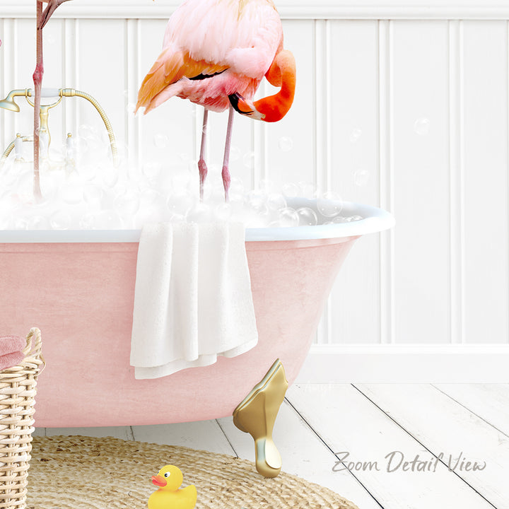 A pink bathtub filled with water and bubbles, with a pink flamingo standing on one leg and a yellow rubber duck sitting on the edge of the tub.