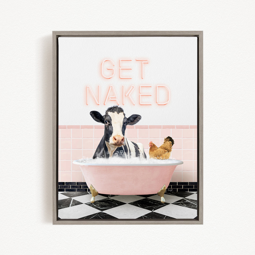 A cow is sitting in a pink bathtub, with a chicken nearby, and the text "GET NAKED" displayed above them.