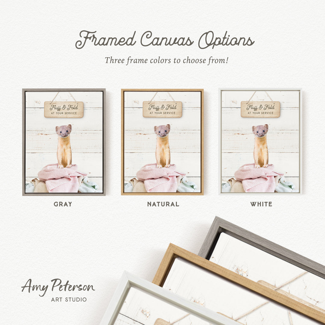 three framed canvas options, each featuring a different color and frame style. The options include a gray frame, a natural frame, and a white frame. The text above the options reads " Framed Canvas Options" and "Three frame colors to choose from!". The text below the options states "Grayscale", "Natural", and "White". The artist's name, Amy Peterson, is also mentioned at the bottom of the image.