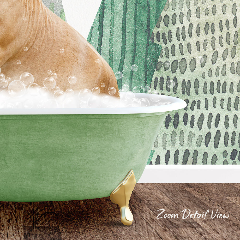 A dog is sitting in a green bathtub filled with bubbles, with a patterned wall in the background.