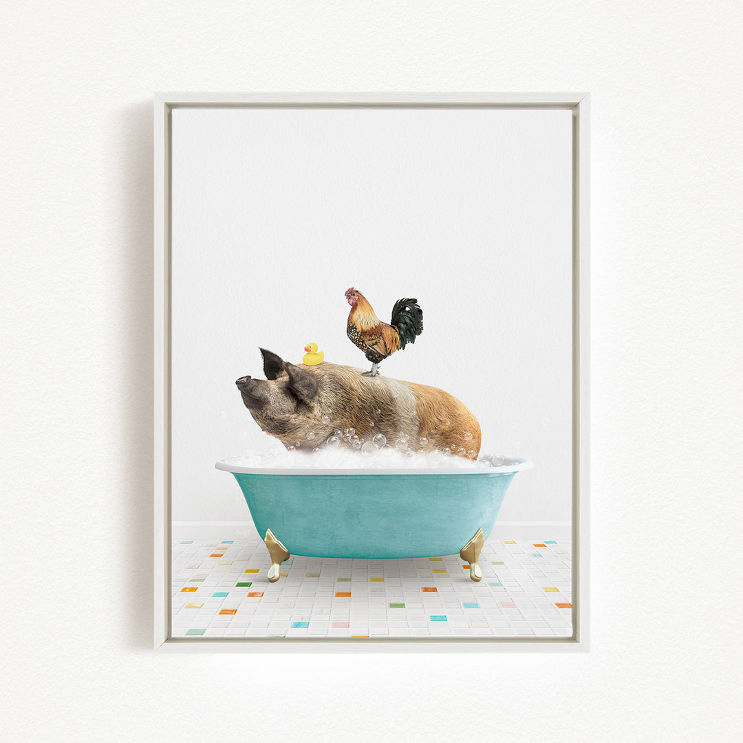 A pig is sitting in a blue bathtub, surrounded by a rooster and a chicken, creating a whimsical and playful scene.