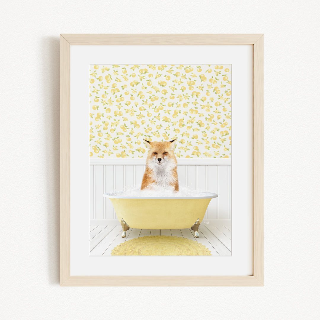 A fox is sitting in a yellow bathtub, surrounded by a yellow floral wallpaper.