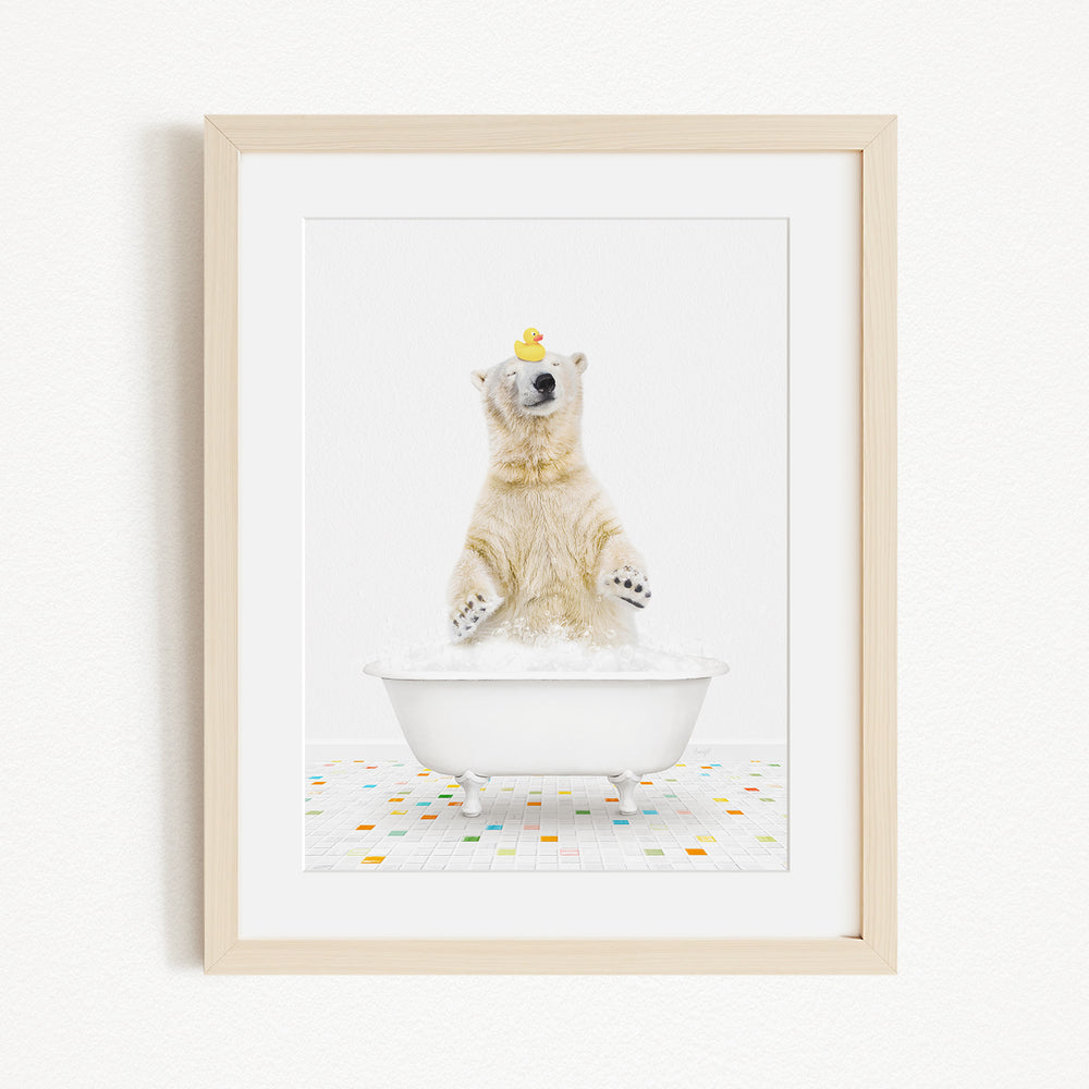 A polar bear standing in a white bathtub, with a rubber duck perched on its head.