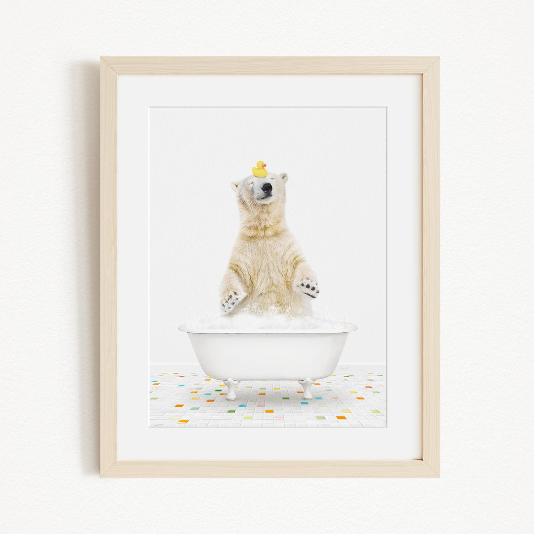A polar bear standing in a white bathtub, with a rubber duck perched on its head.