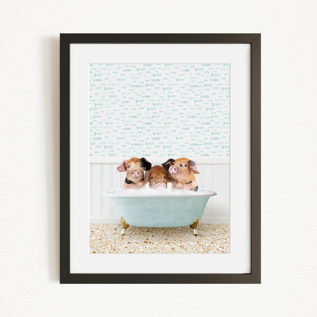 Three adorable pigs sitting in a bathtub filled with bubbles, enjoying a relaxing bath.