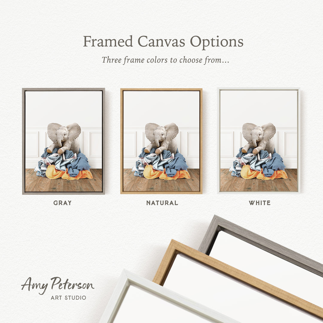 three framed canvas options, each featuring a different color: gray, natural, and white. The text above the images reads " framed Canvas Options" and "Three frame colors to choose from...". The bottom of the image includes the text " Amy Peterson ART STUDIO".