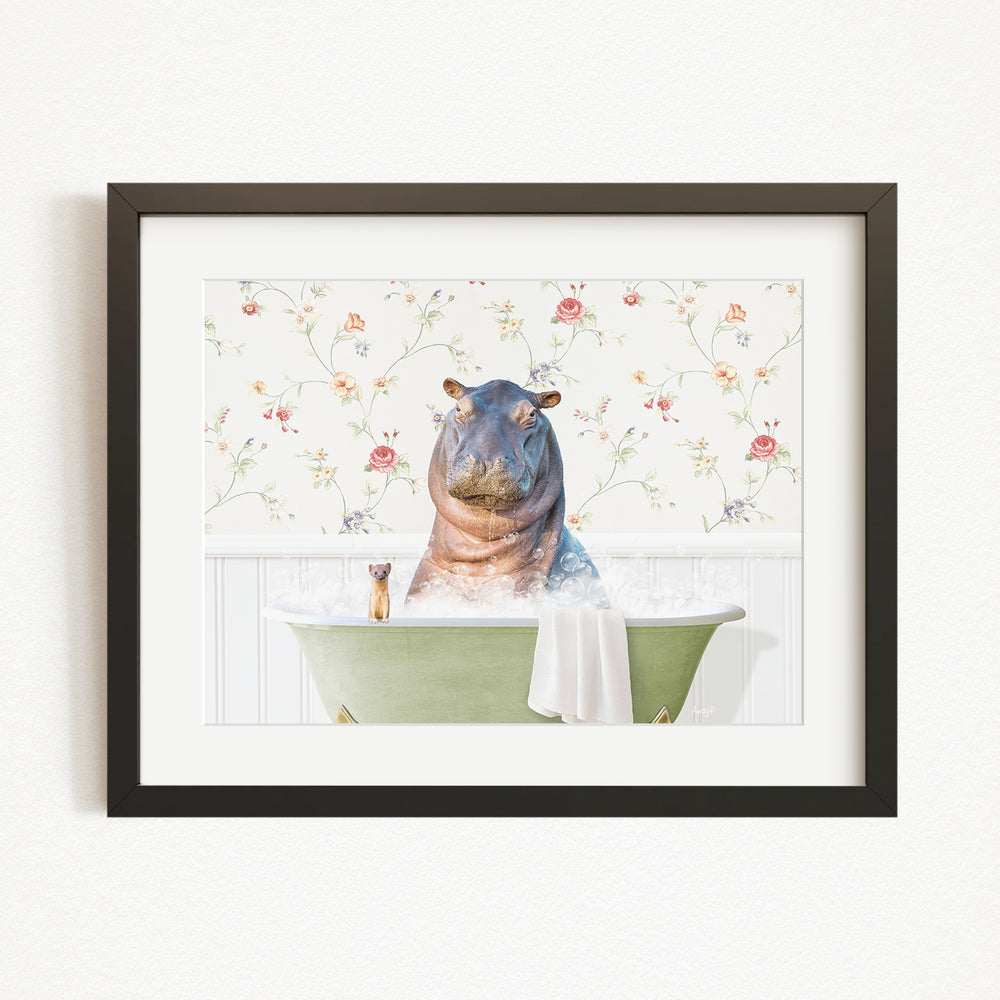 A hippopotamus sitting in a green bathtub, surrounded by a floral patterned wall.