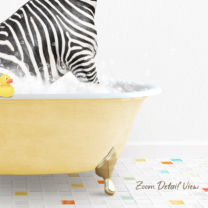 A zebra is standing in a yellow bathtub filled with bubbles, with a rubber duck nearby.