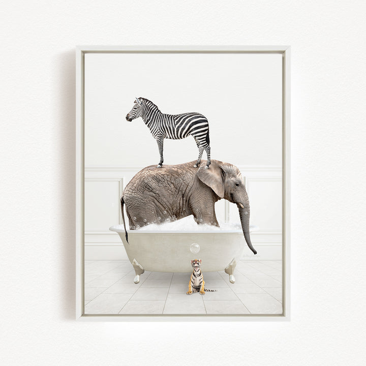 A zebra stands on the back of an elephant in a bathtub, with a tiger sitting nearby.