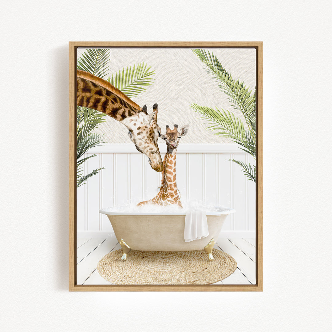 A mother giraffe and her baby giraffe are enjoying a relaxing bath in a white bathtub, surrounded by lush green palm leaves.