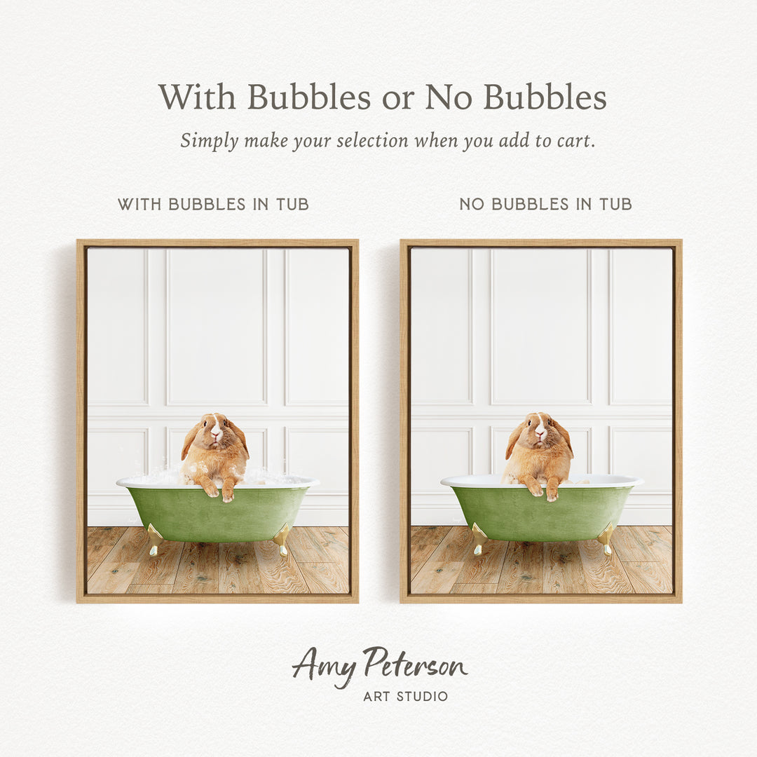 The image is a collage of two pictures, each featuring a dog sitting in a bathtub. The dog appears to be sitting on the edge of the tub, with its paws resting on the side. The collage includes a green bathtub in each picture, and the images are framed with a wooden border.
