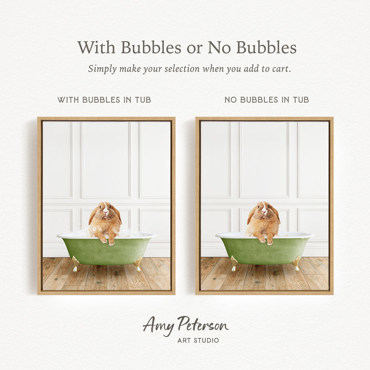 The image is a collage of two pictures, each featuring a dog sitting in a bathtub. The dog appears to be sitting on the edge of the tub, with its paws resting on the side. The collage includes a green bathtub in each picture, and the images are framed with a wooden border.