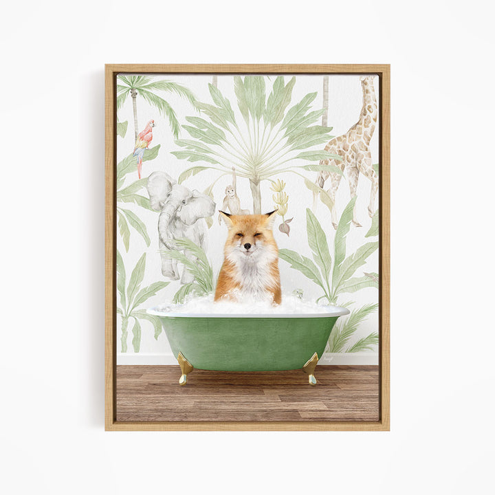 A fox is sitting in a green bathtub, surrounded by a tropical jungle scene with various animals such as a giraffe, parrot, and elephant.