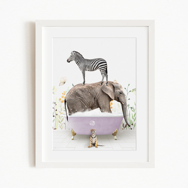 A zebra stands on top of an elephant in a bathtub, surrounded by a tiger and butterflies, creating a whimsical and surreal scene.