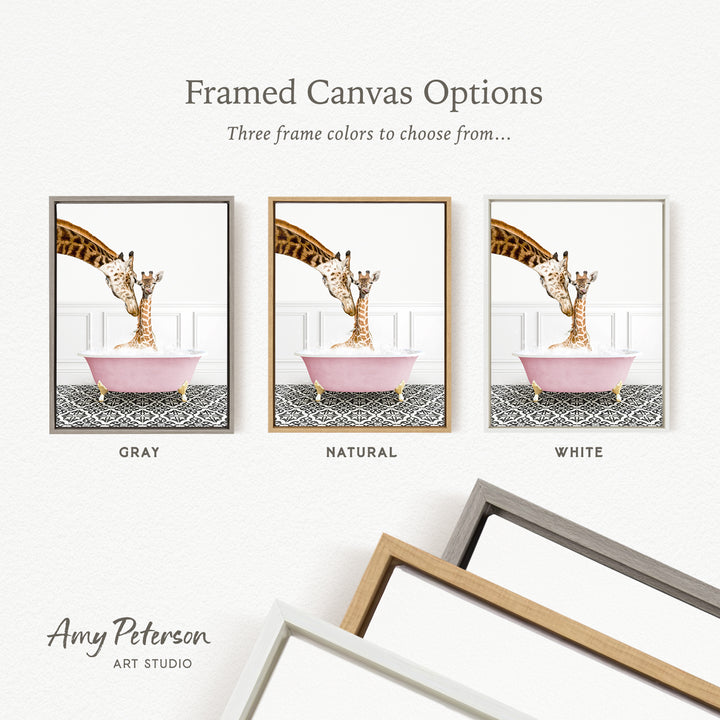 The image is a framed canvas option featuring three different colored frames, each containing a painting of a giraffe in a pink bathtub.
