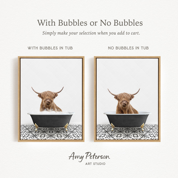 The image is a collage of two framed pictures, each depicting a brown cow with horns sitting in a tub. The cow in the tub has bubbles, while the cow in the tub without bubbles is shown sitting in a plain tub. The collage is titled "With Bubbles or No Bubbles" and is created by Amy Peterson from Art Studio.