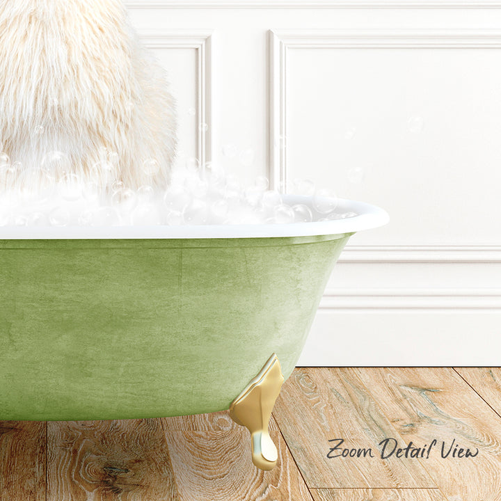 A fluffy white cat is sitting in a green bathtub filled with bubbles, with a wooden floor visible in the background.
