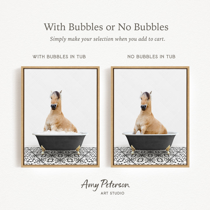 The image is a collage of two pictures, each featuring a horse sitting in a tub. The first picture has bubbles in the tub, while the second picture does not have bubbles. The text above the images reads "With Bubbles or No Bubbles Simply make your selection when you add to cart."