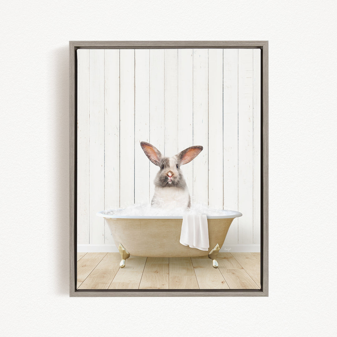 A white rabbit sitting in a bathtub filled with water, with its head poking out of the tub.
