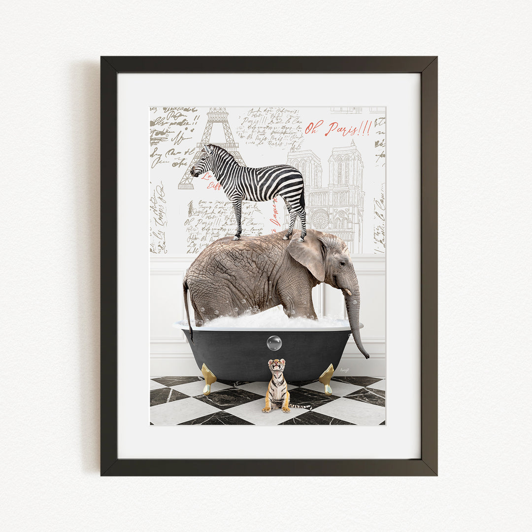 A framed image depicting a zebra standing on an elephant's back while an elephant is submerged in a bathtub, with a tiger sitting nearby.