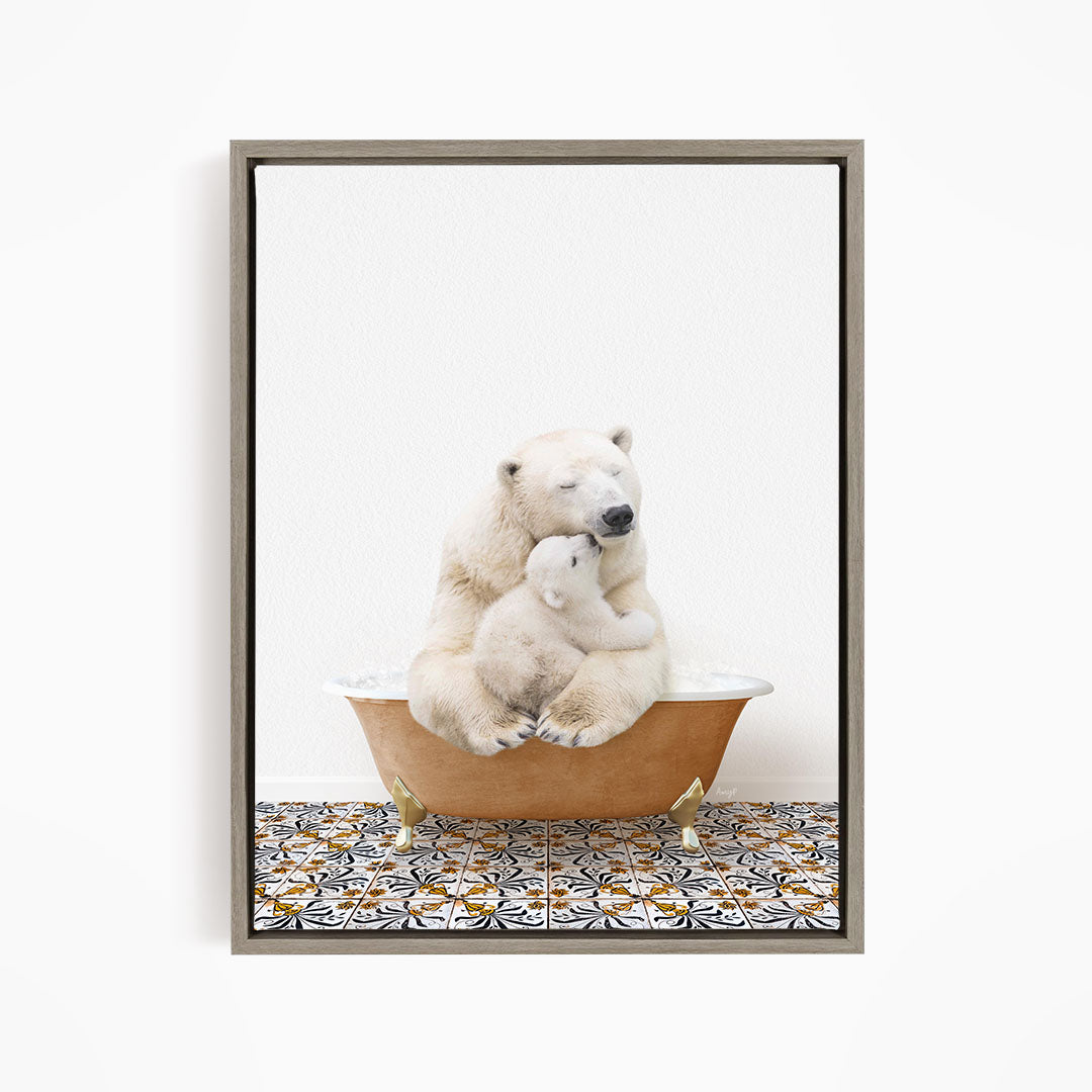 A polar bear sitting in a bathtub, with its head resting on a baby polar bear, creating a heartwarming scene.