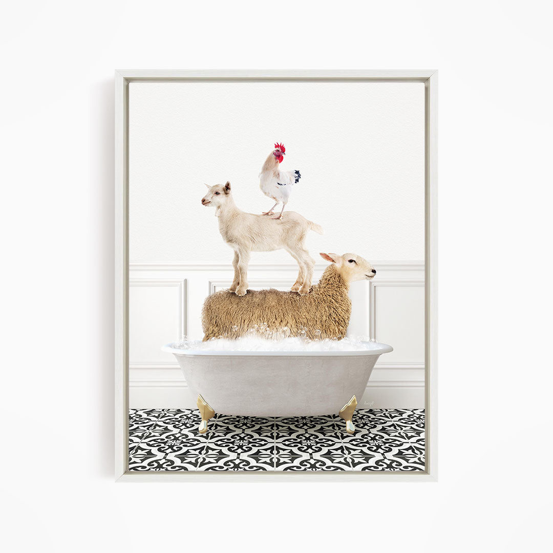 A white bathtub filled with water, with a goat standing on top of it and a chicken perched on its back.